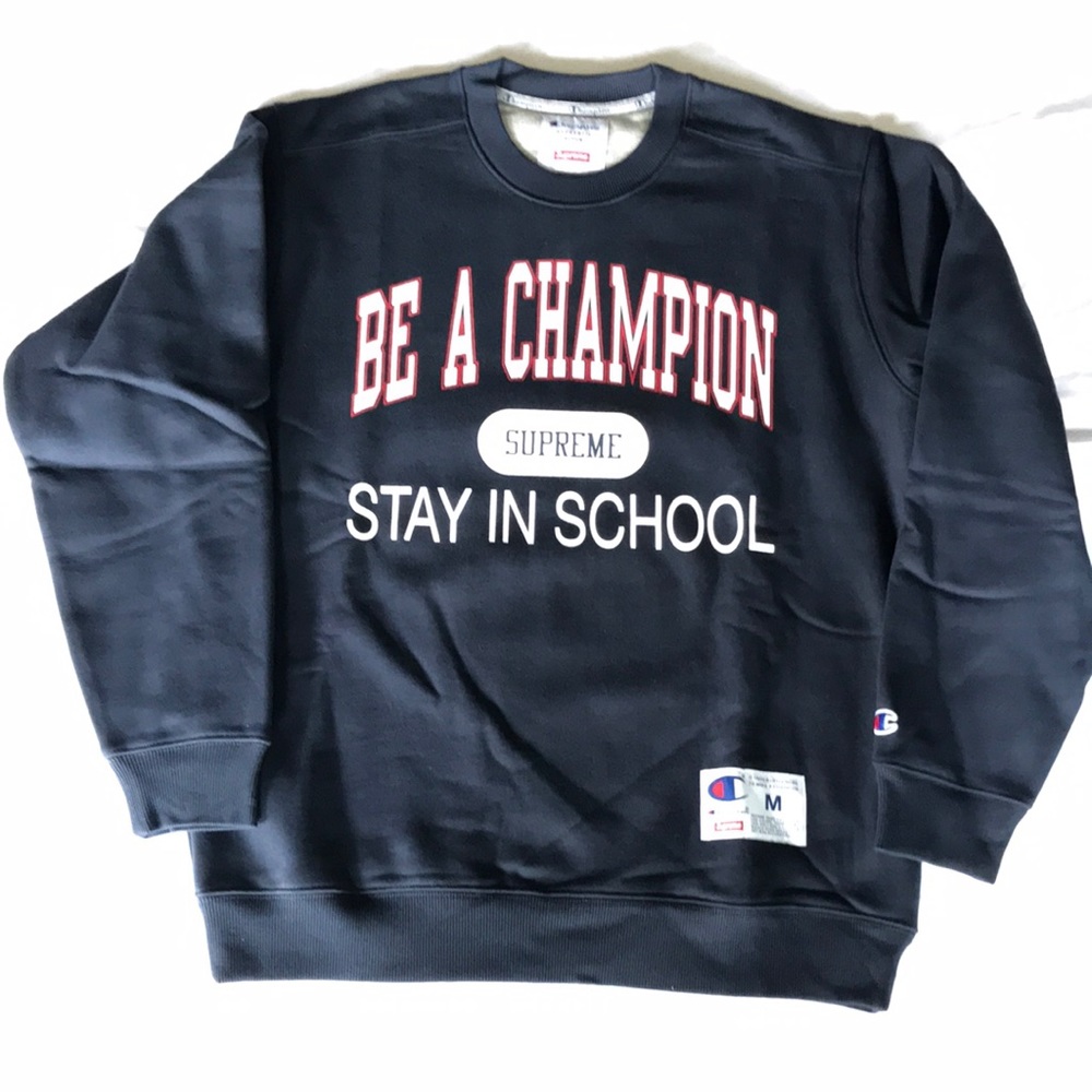 Supreme X Champion Stay in School Navy Crew Size M NWT